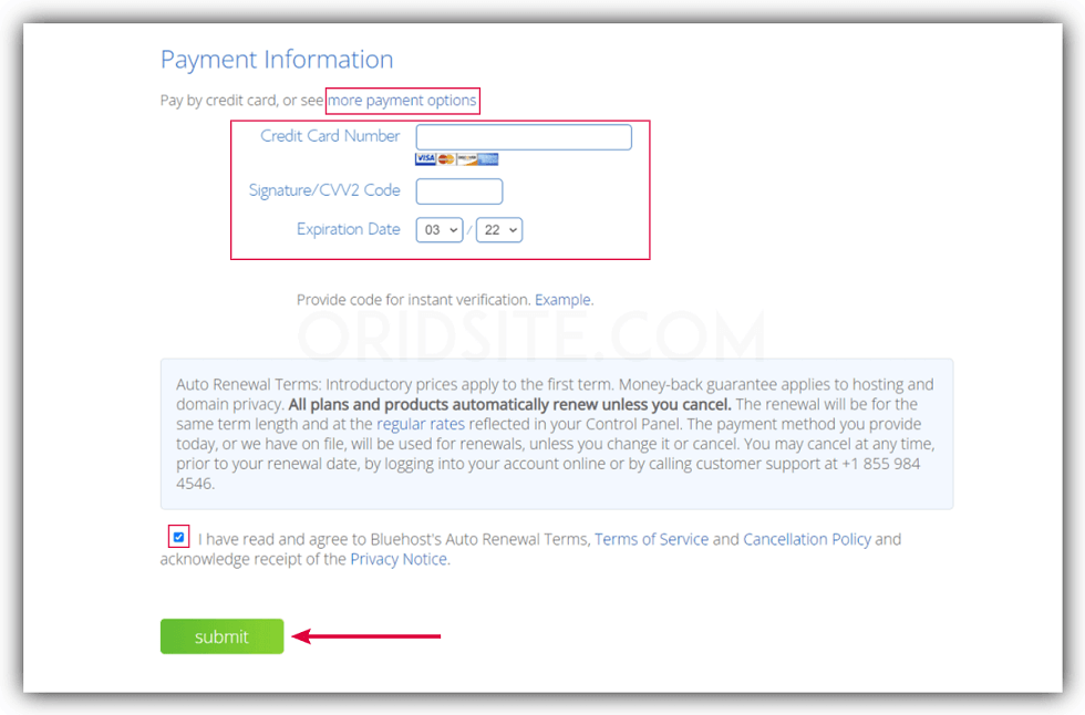 بيانات وطريقة الدفع في bluehost