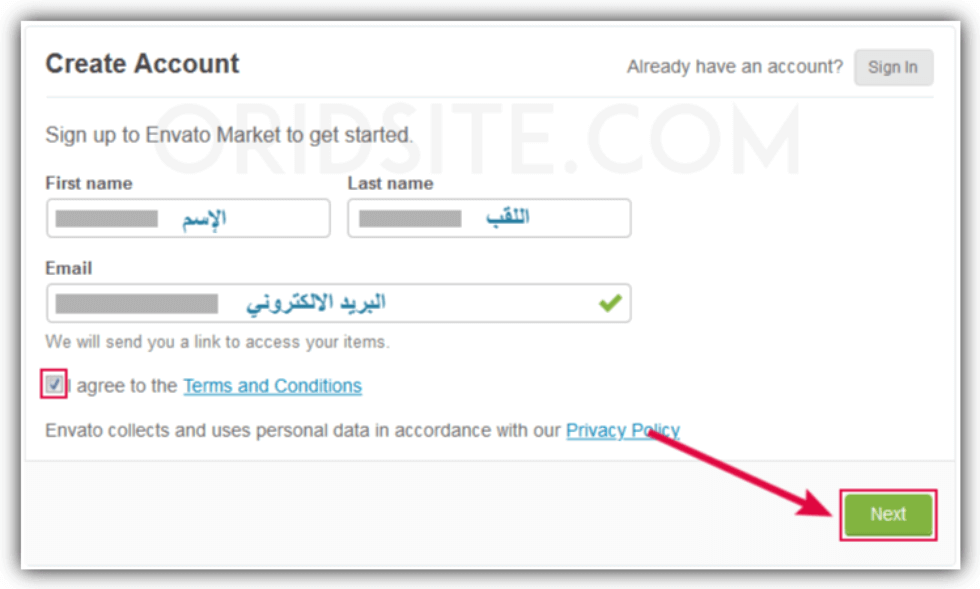 انشاء حساب في Envato Market