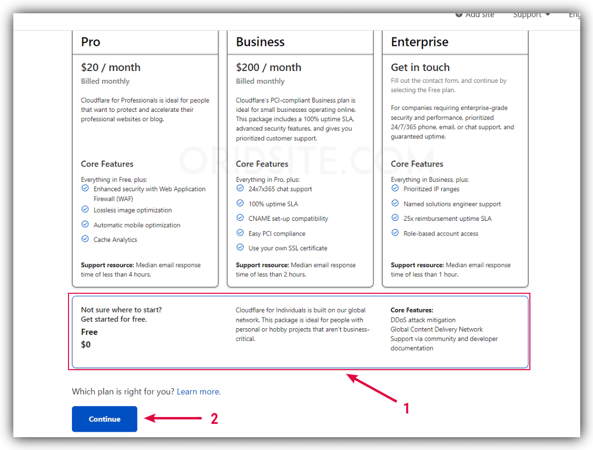 إختيار الخطة المجانية ل cloudflare