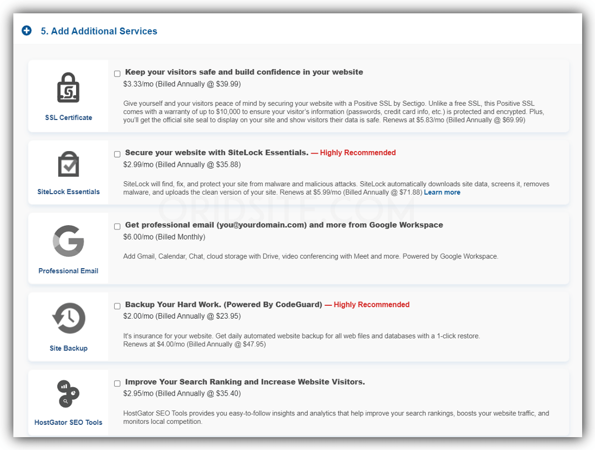 الخدمات الإضافية المدفوعة لاستضافة hostgator
